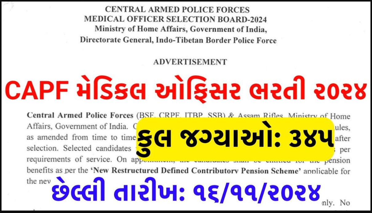 CAPF Medical Officer Recruitment 2024 Recruitment to 345 Posts in ITBP