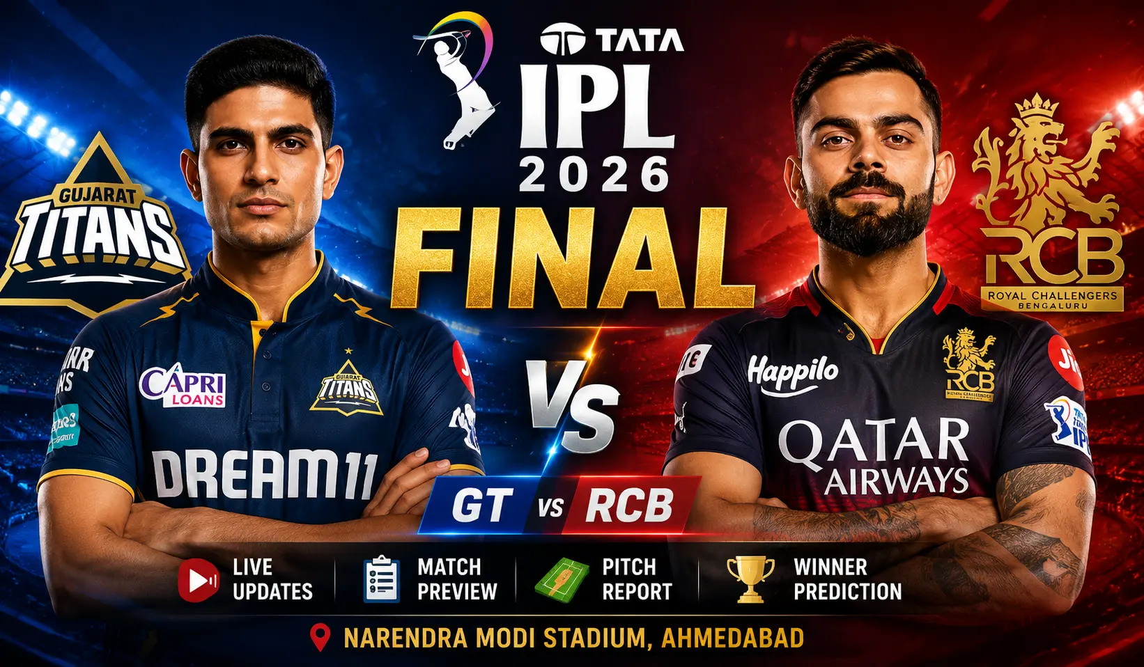 TATA IPL 2026 Final GT vs RCB thumbnail with live updates match preview and winner prediction