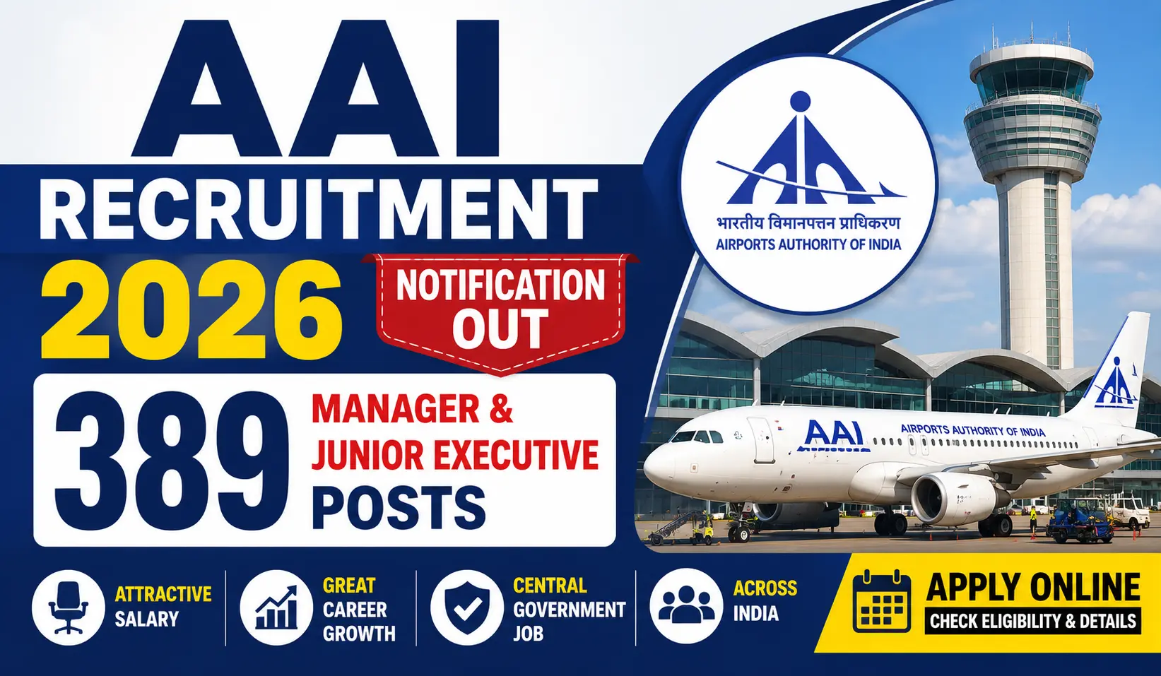 AAI Recruitment 2026 notification released for 389 Manager and Junior Executive vacancies by Airports Authority of India.