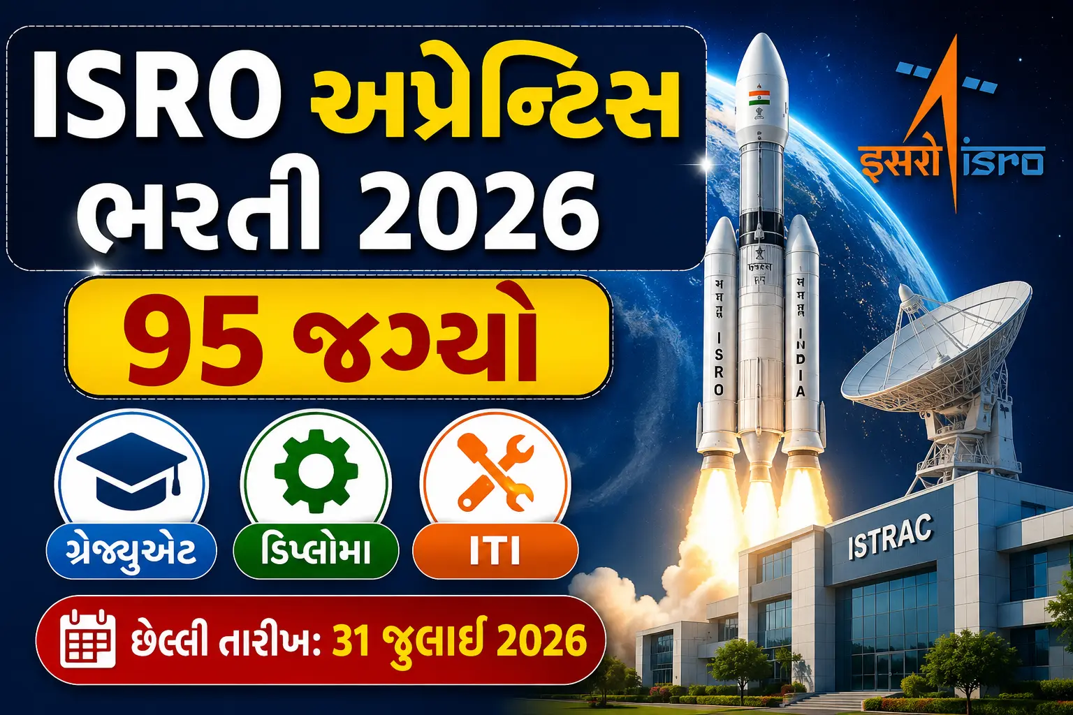 ISRO ISTRAC Apprentice Recruitment 2026 Apply for 95 Graduate, Diploma & ITI Apprentice Posts Stipend Up to ₹12,300