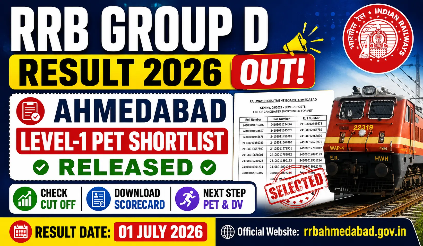 RRB Group D Result 2026 Ahmedabad Level 1 PET Shortlist PDF